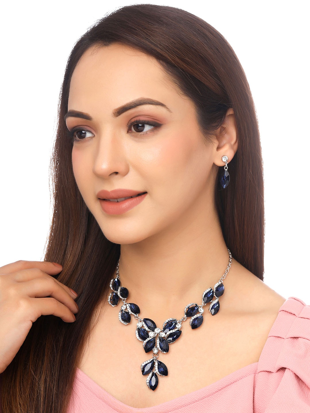 

Yellow Chimes Silver-Toned Blue Oval Shaped Crystal Studded Necklace Set