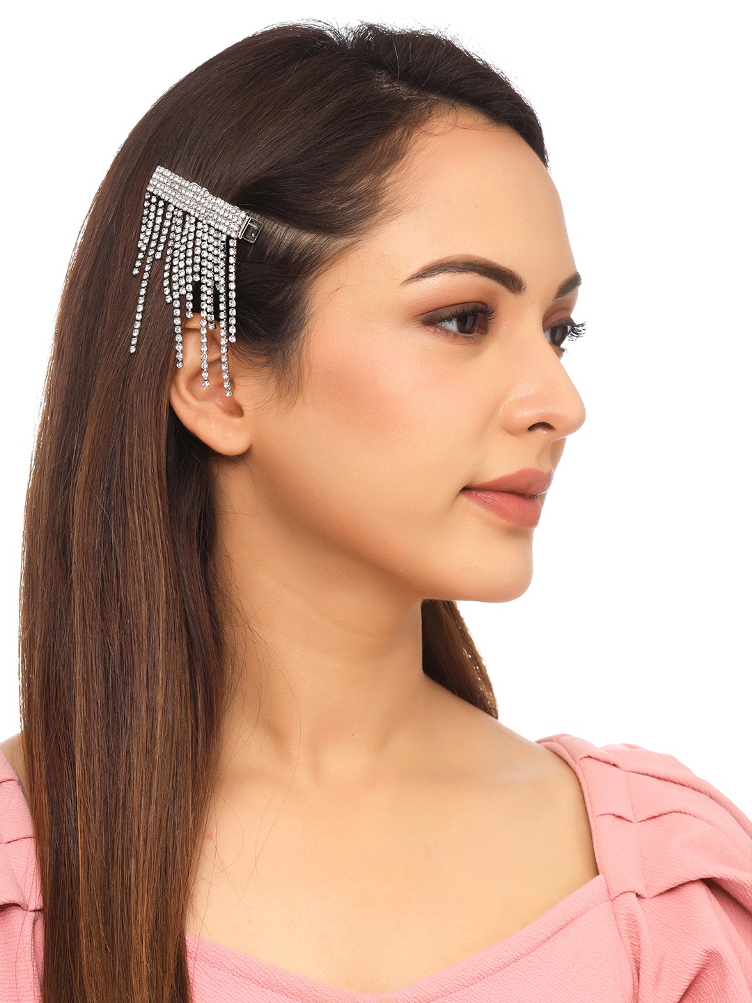 

Yellow Chimes Women Silver-Toned Crystal Studded Elegant Bridal Hair French Barrettes