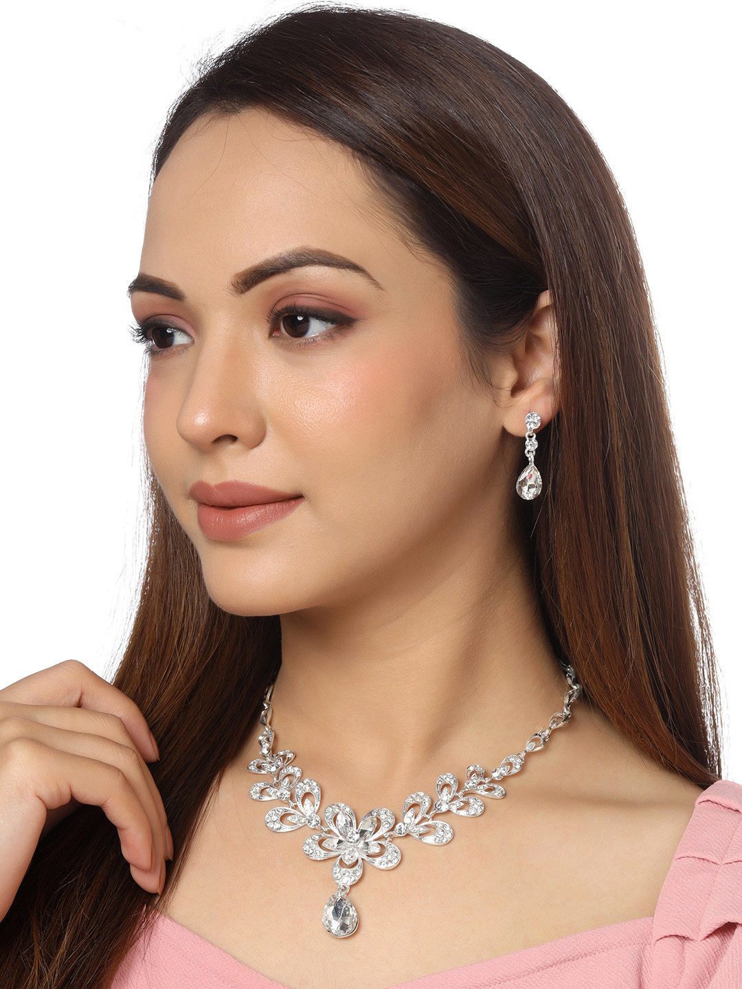 

Yellow Chimes Silver-Toned Floral Designed Crystal Necklace Set