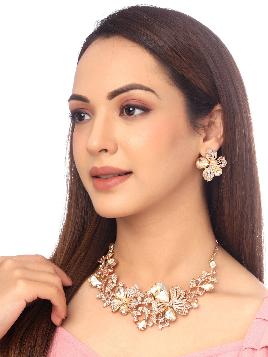 

Yellow Chimes Rose Gold Plated Floral Designed Crystal Necklace Set