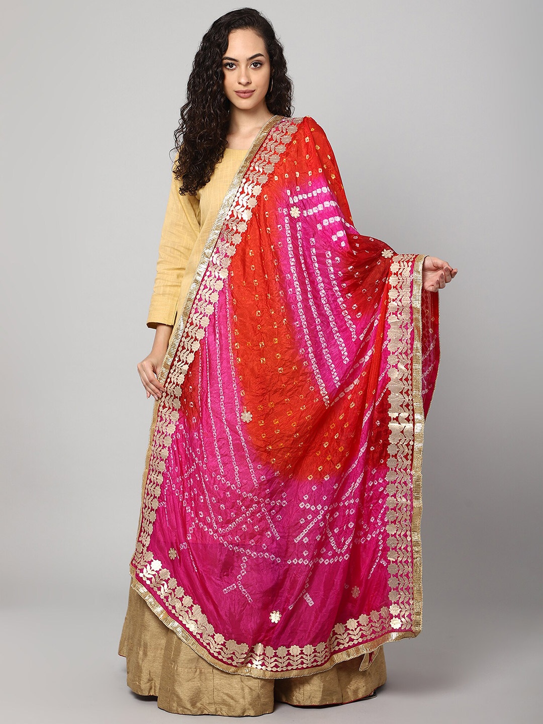 

Aditi Wasan Red & Pink Printed Bandhani Dupatta with Gotta Patti