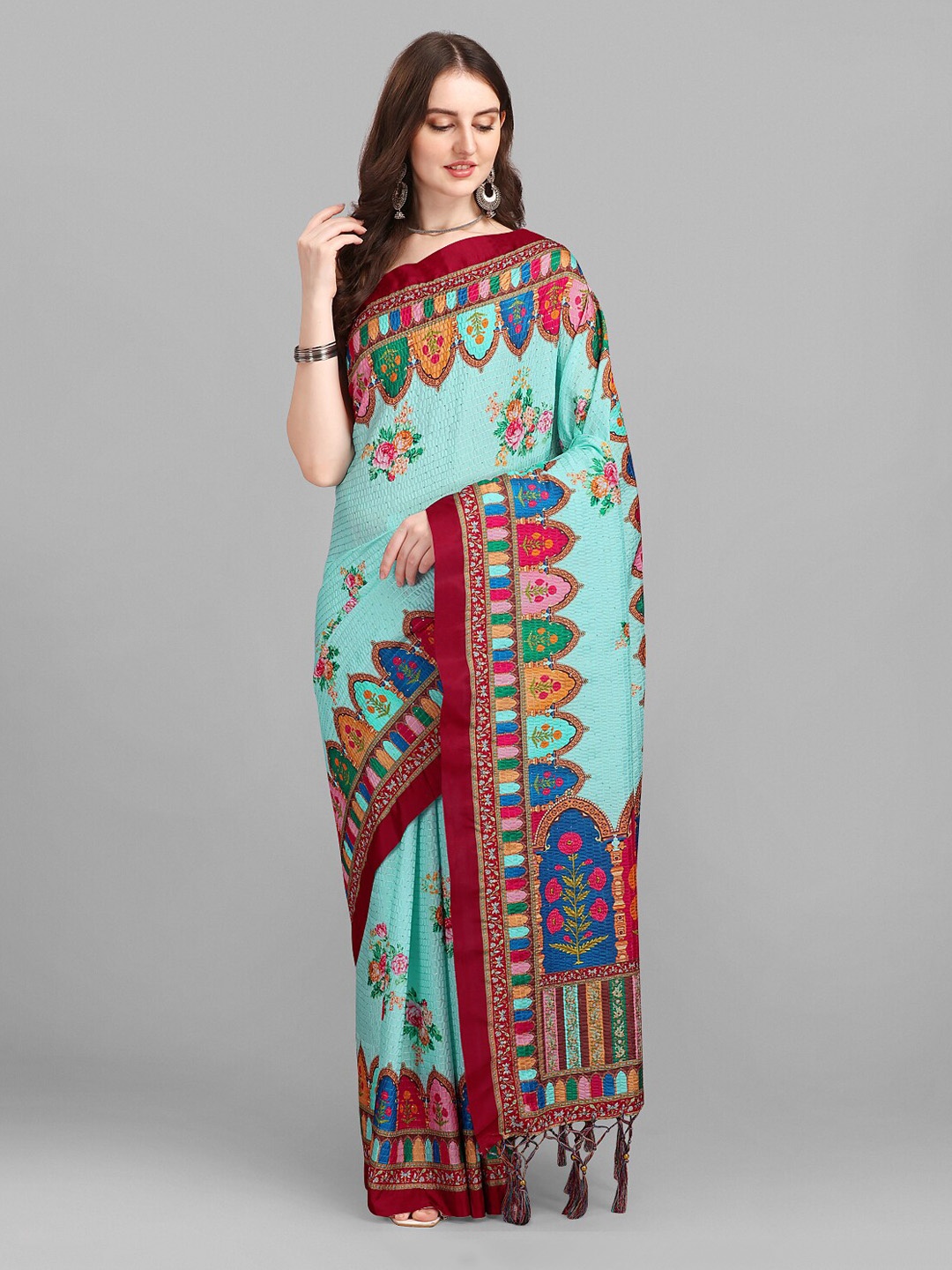 

Fashion Basket Blue & Red Ethnic Motifs Silk Blend Saree