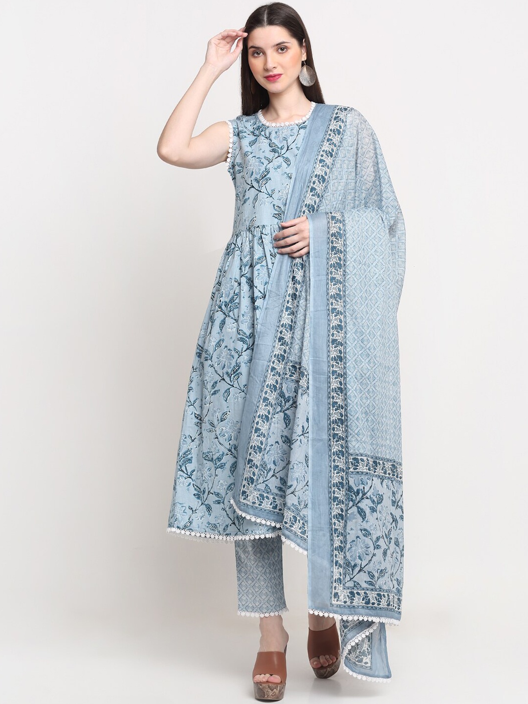 Kamayra Women Turquoise Blue Floral Pleated Pure Cotton Kurta with Trousers & With Dupatta