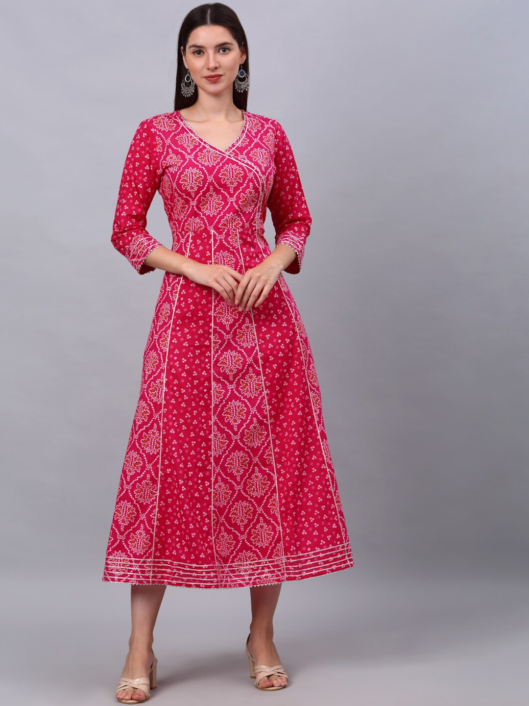 

Kamayra Women Pink Bandhani Printed Pastels Anarkali Cotton Kurta