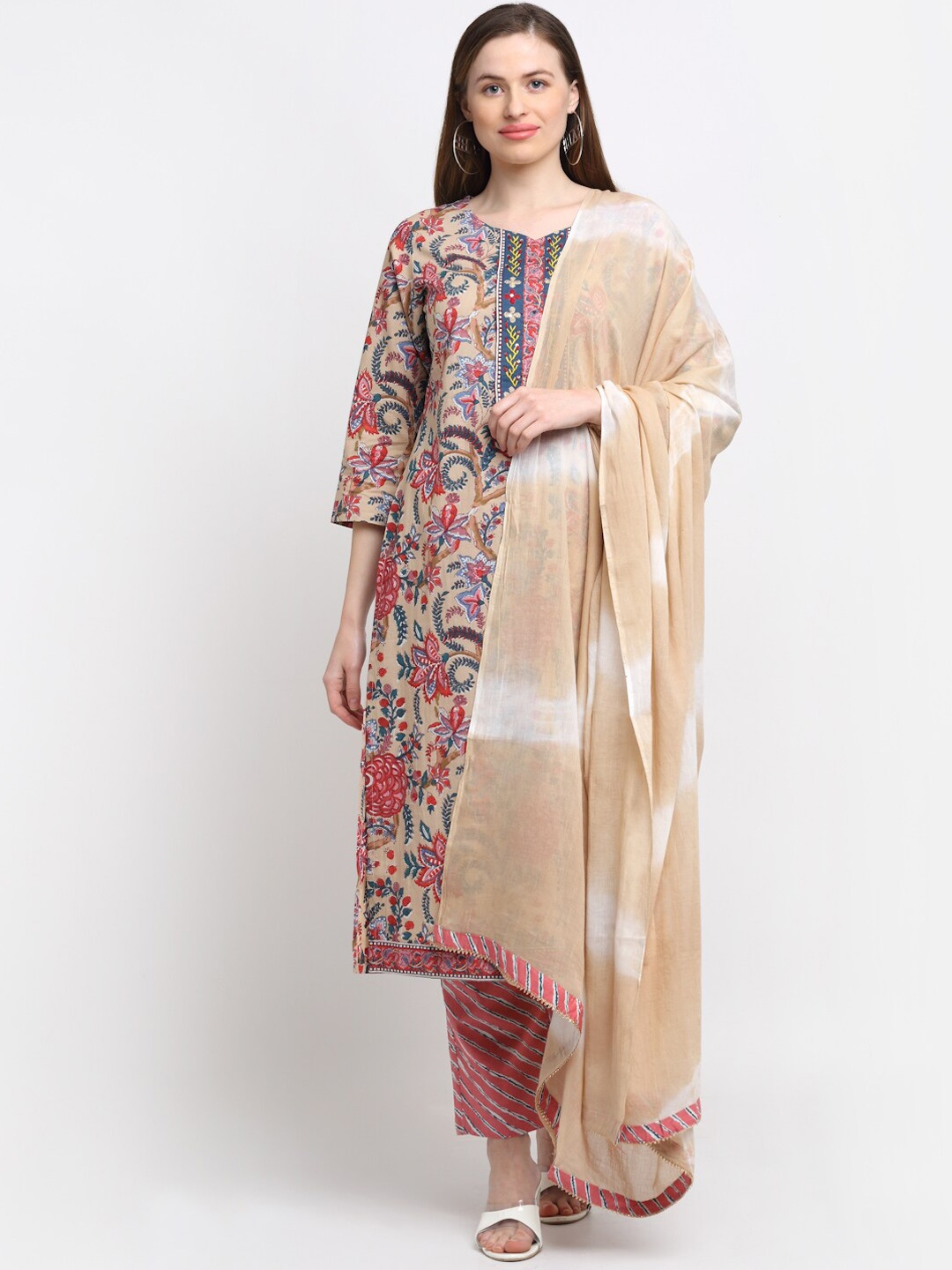 

Kamayra Women Floral Printed Pure Cotton Kurta with Trousers & Dupatta, Beige