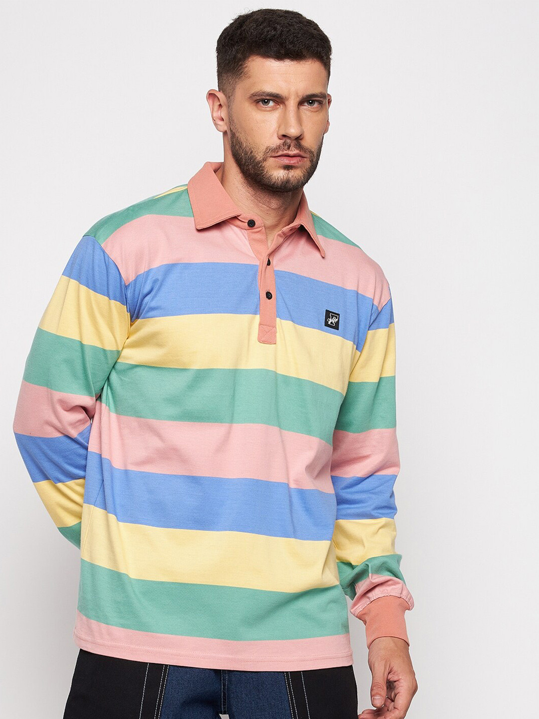 

FUGAZEE Men Multicoloured Striped Polo Collar Loose T-shirt, Multi