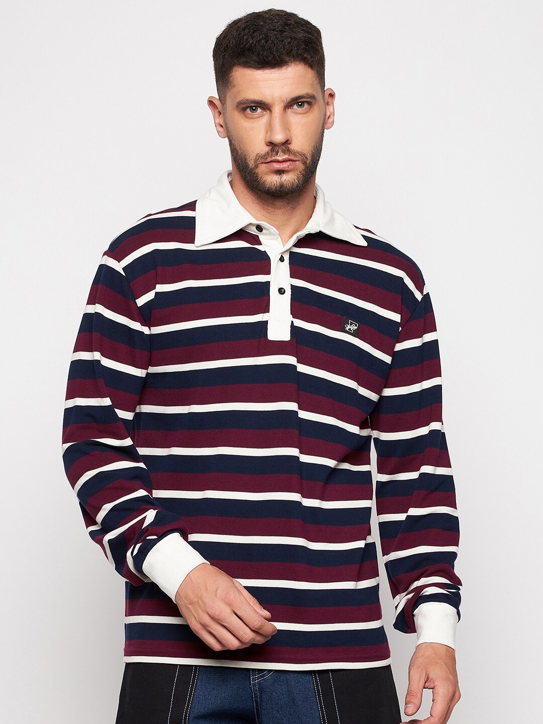 

FUGAZEE Men Navy Blue & Maroon Striped Polo Collar Loose T-shirt