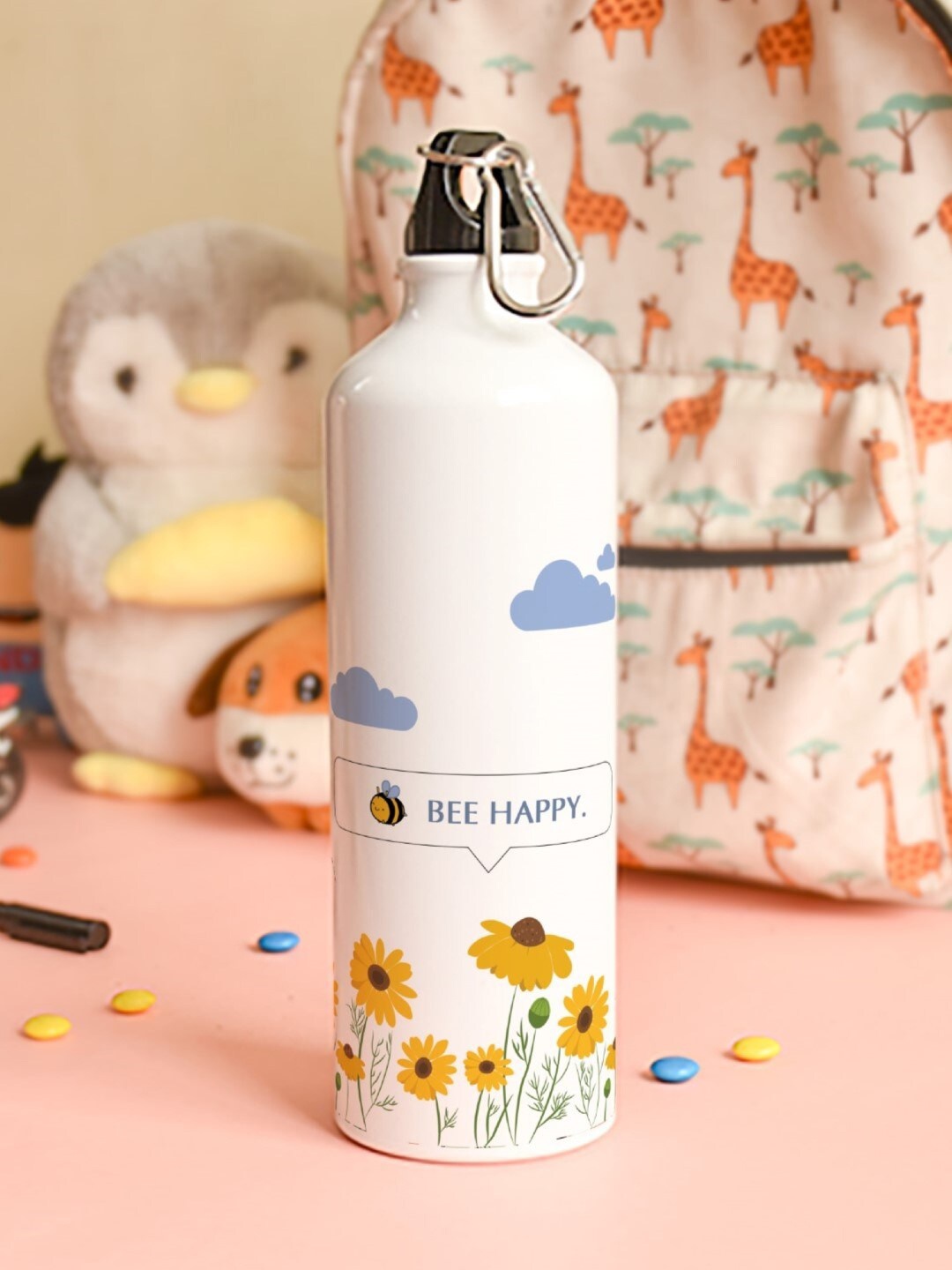 Indigifts Bee Happy Typography Print Aluminium Water Bottle 750 ML, Multi