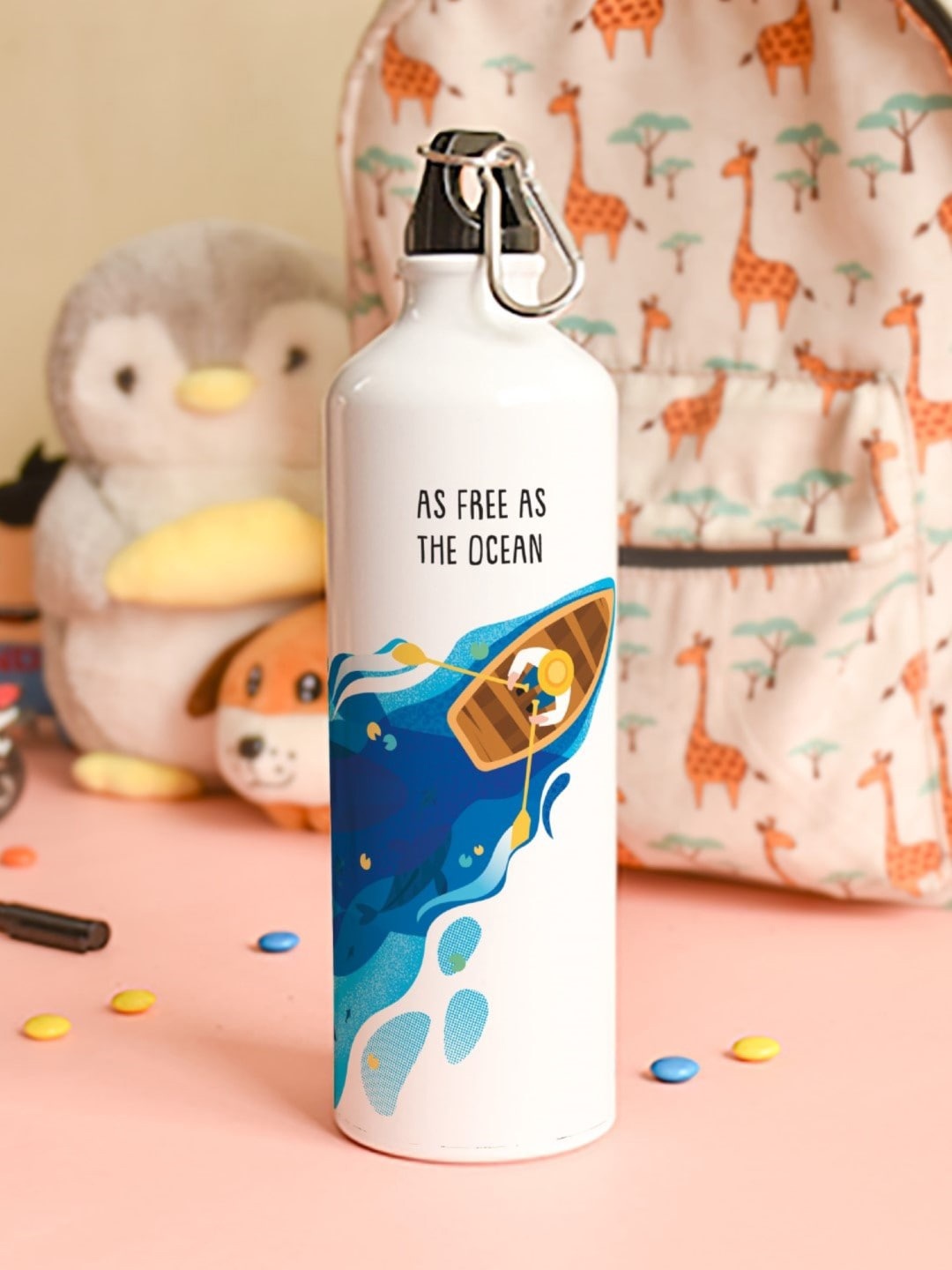 

Indigifts Free As Ocean Printed Aluminium Water Bottle, White