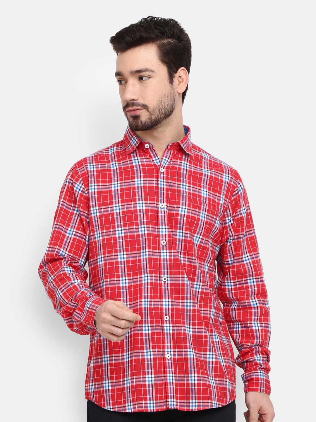 

V-Mart Men Cotton Red Tartan Checks Checked Casual Shirt