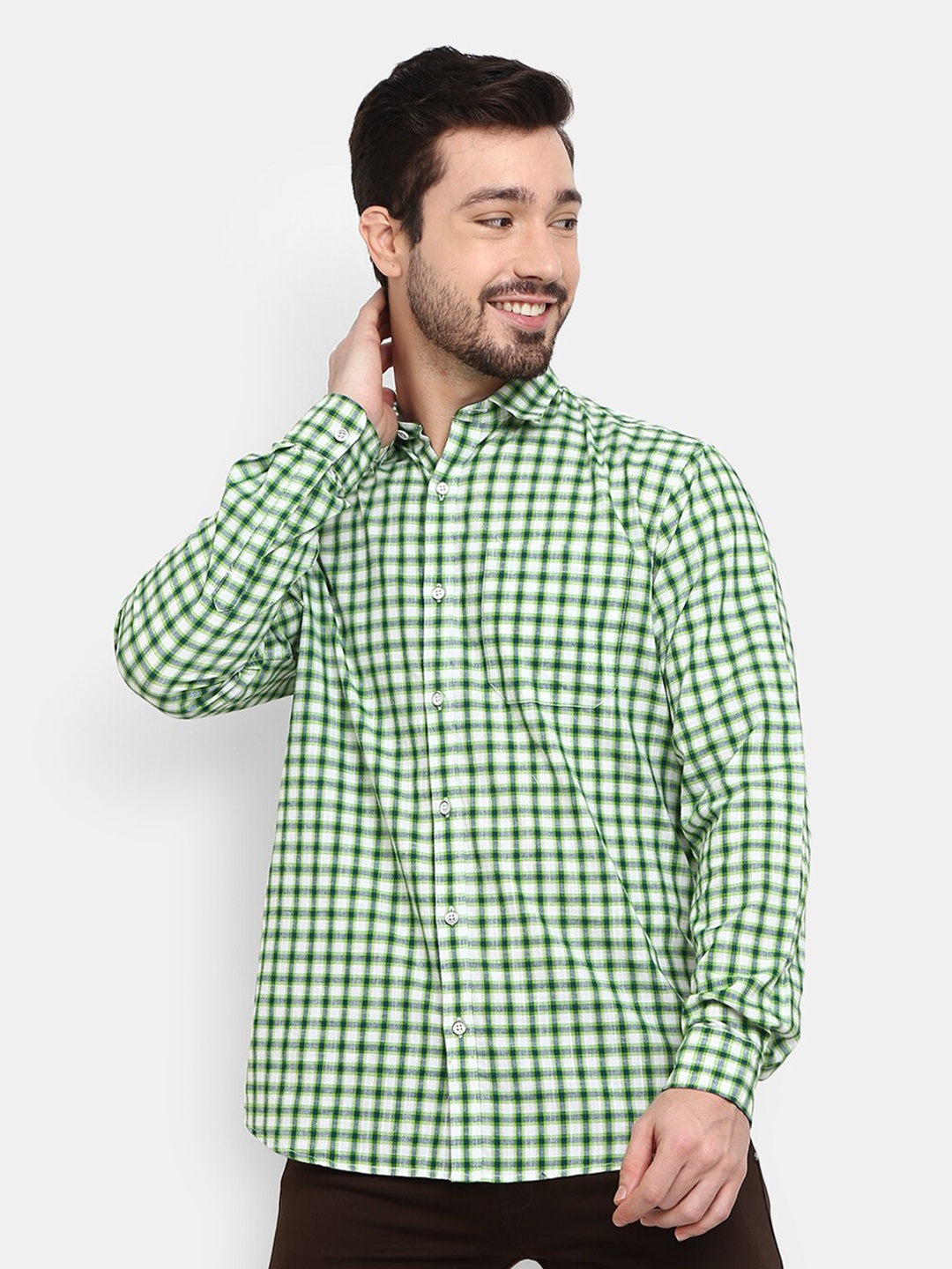 

V-Mart Men cotton Green Gingham Checks Checked Casual Shirt