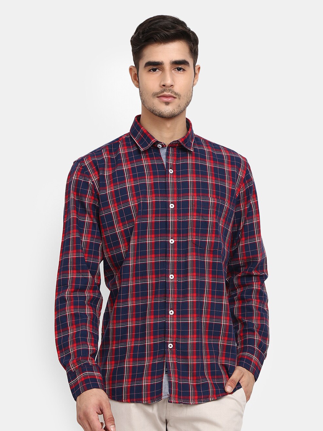 

V-Mart Men cotton Navy Blue Tartan Checks Checked Casual Shirt