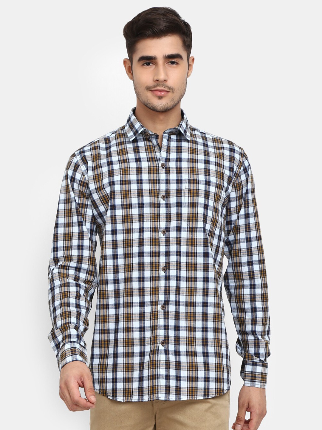 

V-Mart Men Mustard Tartan Checks Checked Casual Shirt