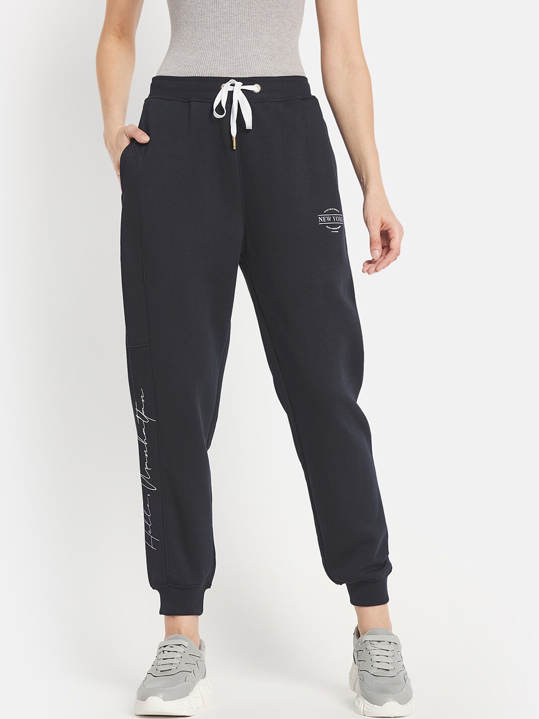 

METTLE Women Navy Blue Solid Cotton Joggers