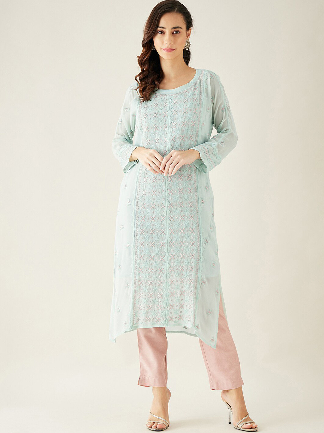 

The Kaftan Company Women Embroidered Chikankari Kurta with Trousers, Blue