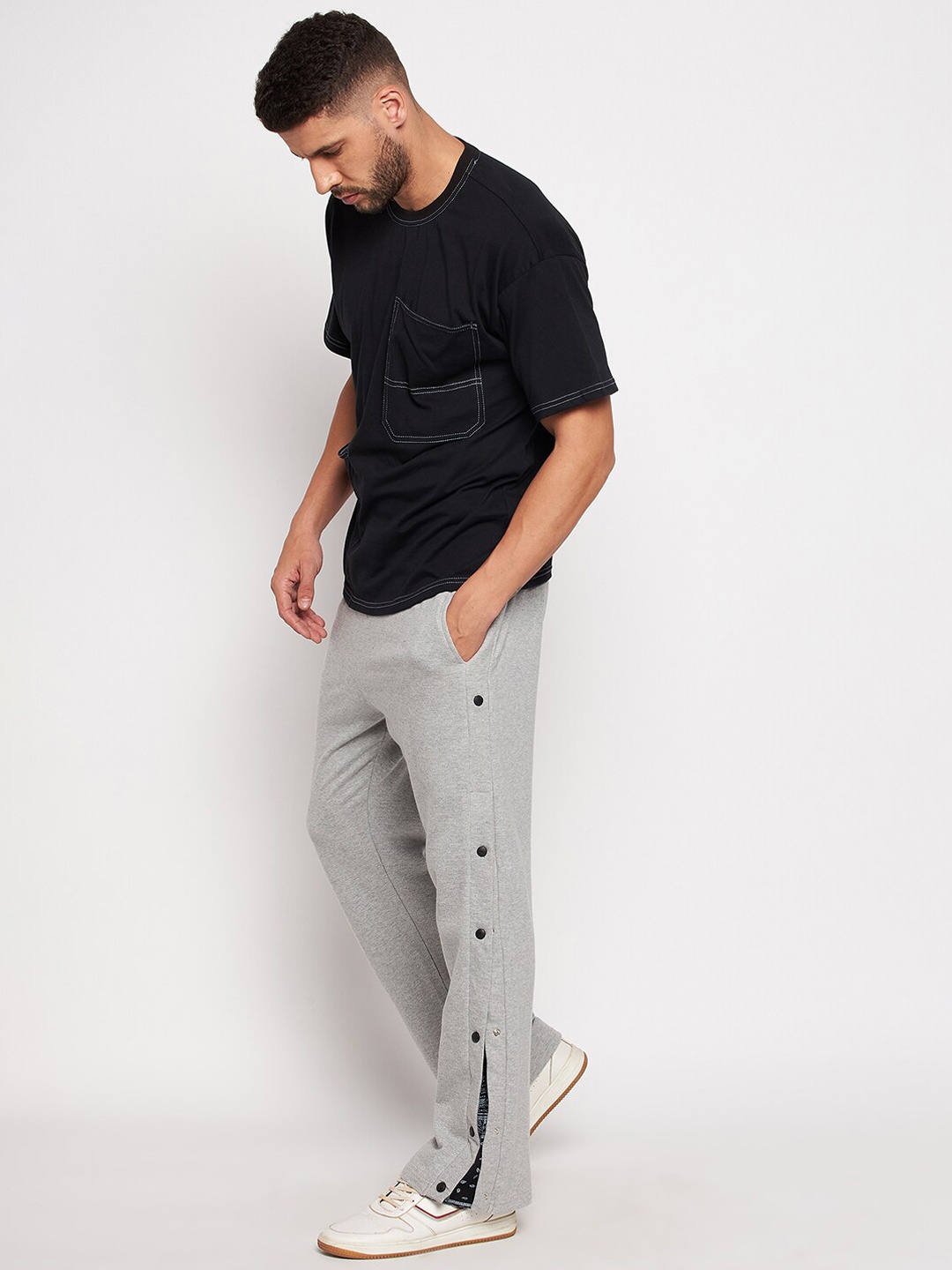 

FUGAZEE Men Grey Solid Flared Snapbutton Pure Cotton Joggers