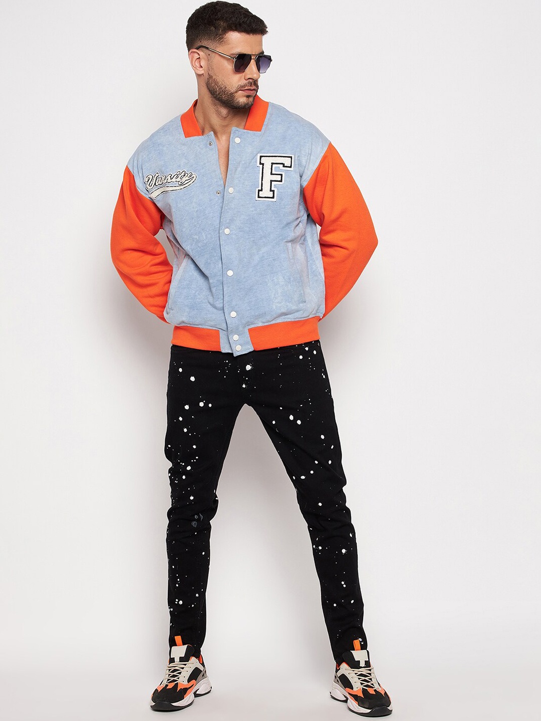 

FUGAZEE Men Blue Cotton Colourblocked Denim Jacket with Patchwork