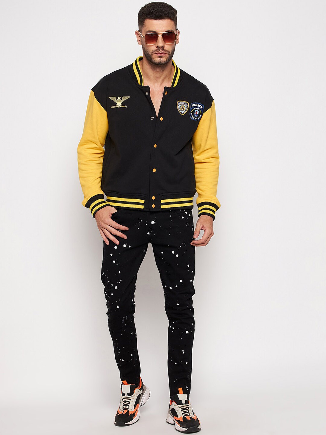 

FUGAZEE Men Black Yellow Cotton Colourblocked Bomber with Patchwork Jacket