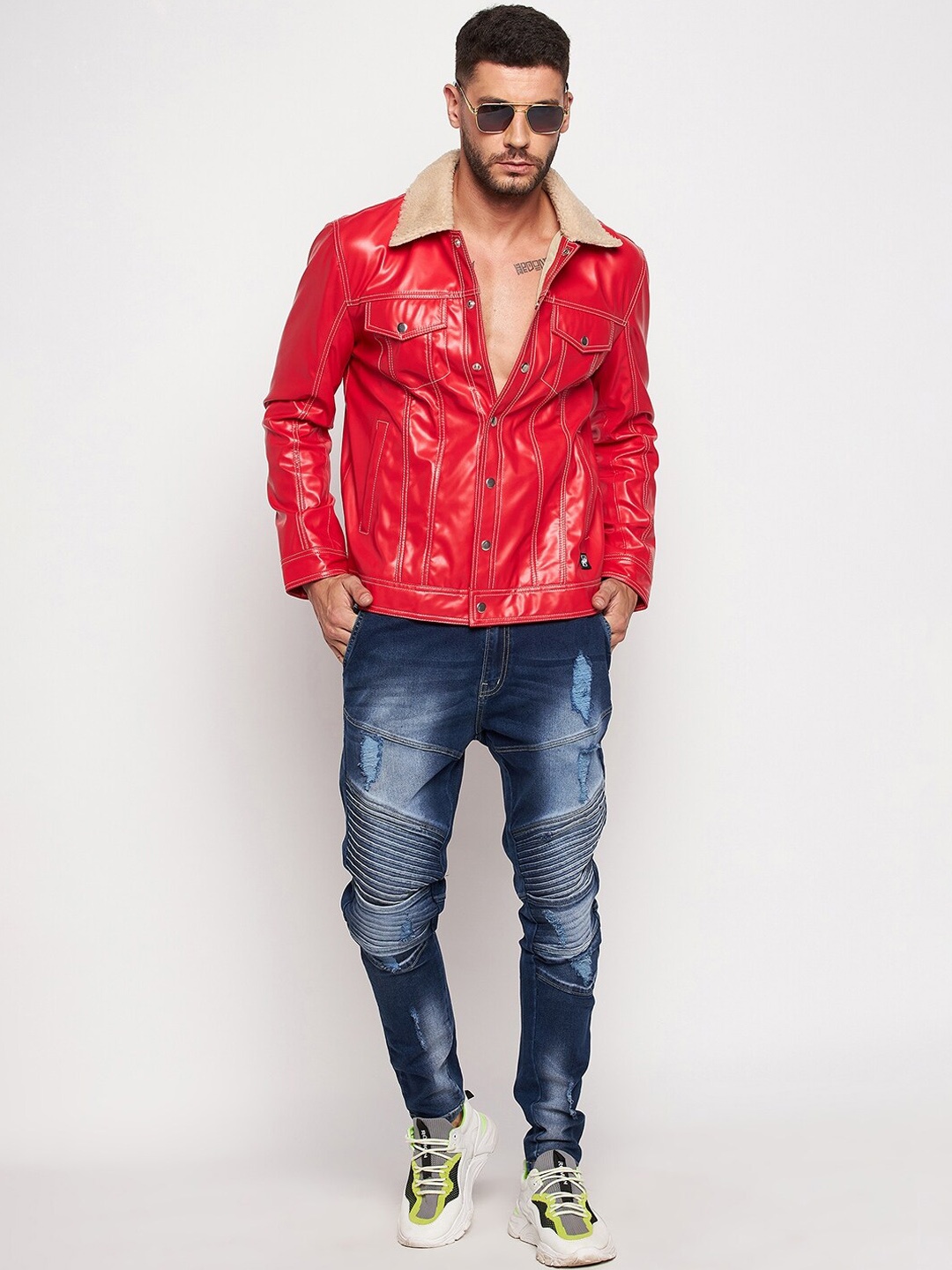 

FUGAZEE Men Solid Red Leather Jacket
