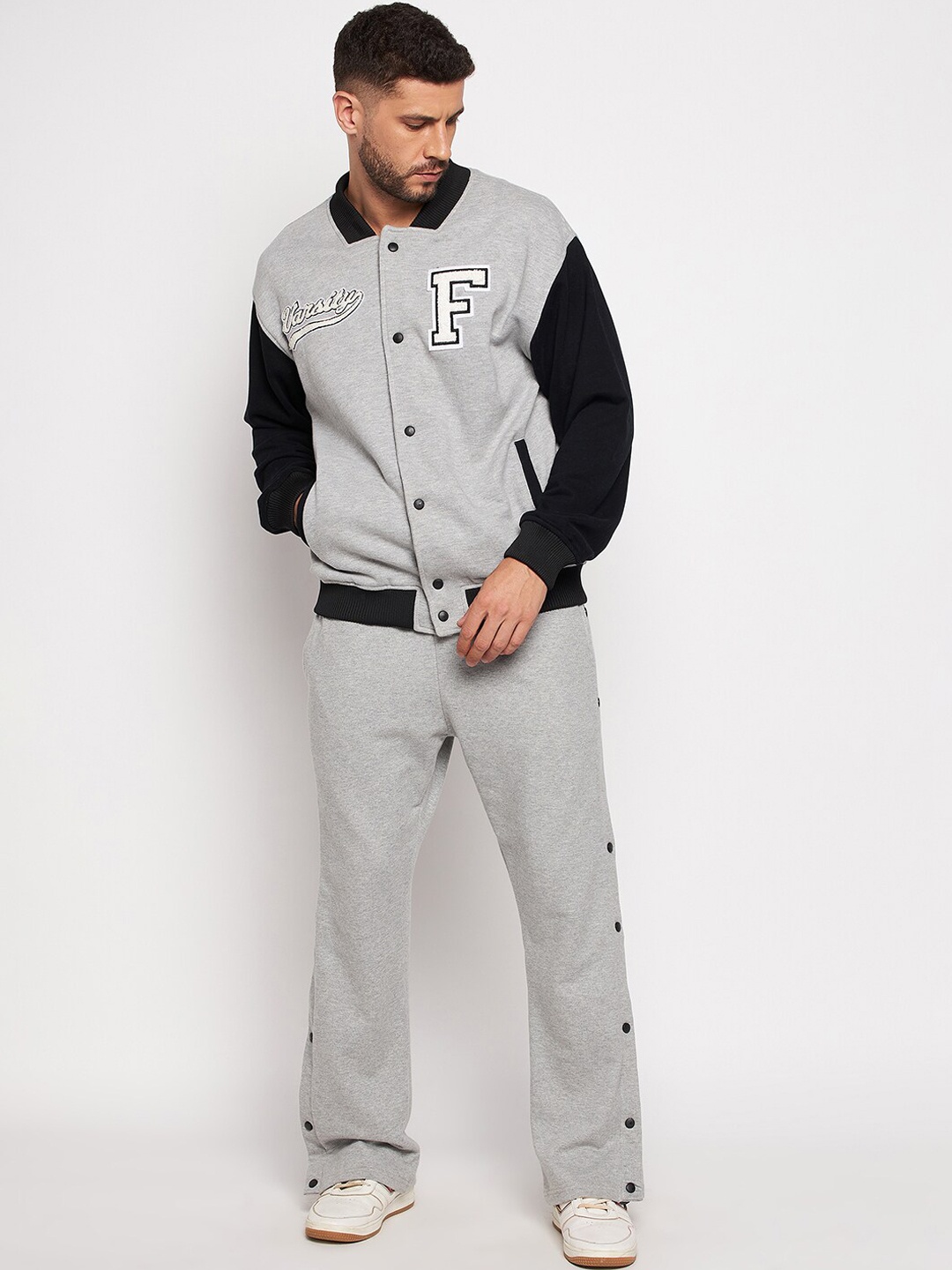 

FUGAZEE Men Grey Black Colourblocked Bomber with Patchwork Jacket