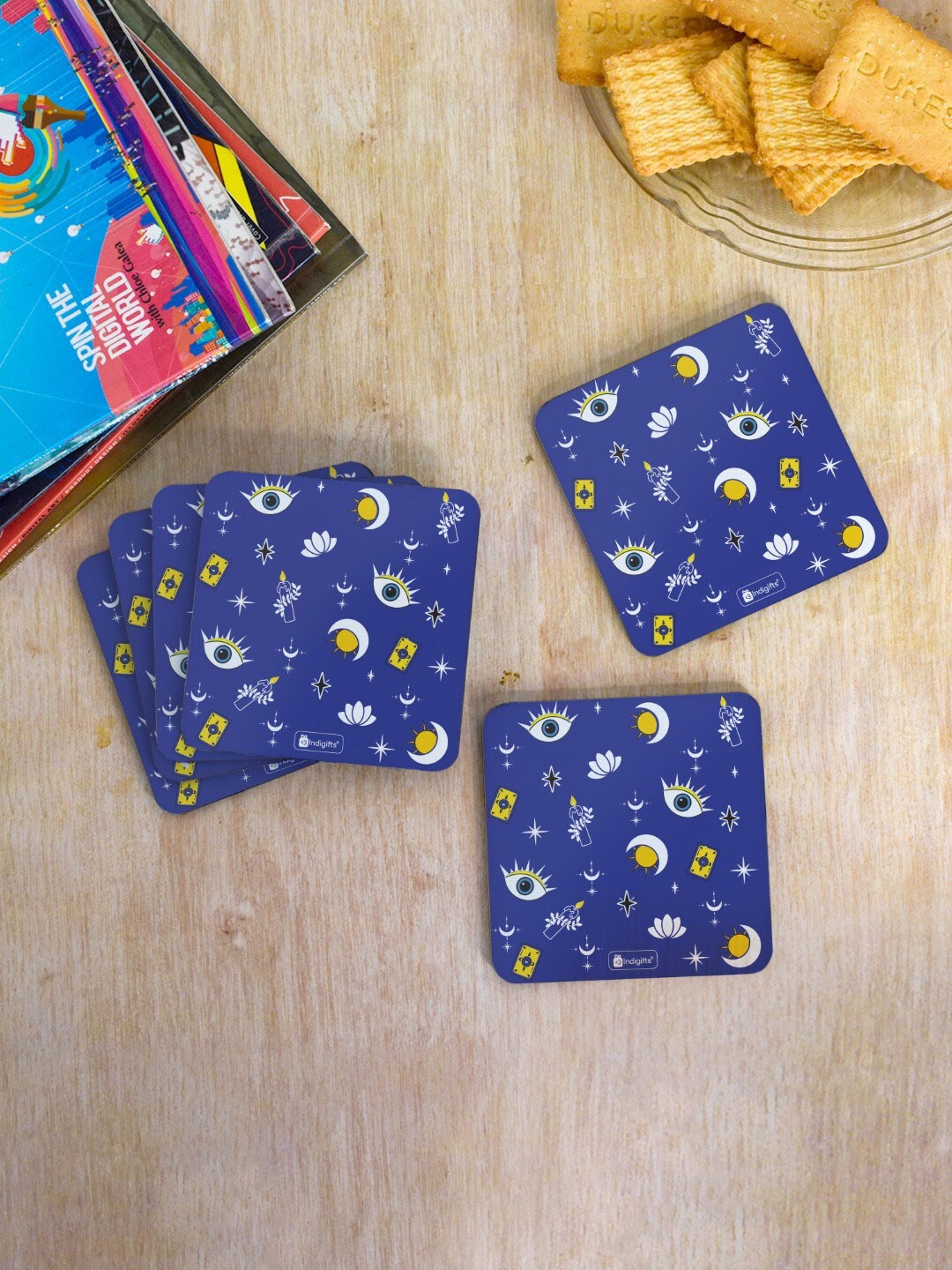

Indigifts Set of 6 Evil Eye Print Coasters, Blue