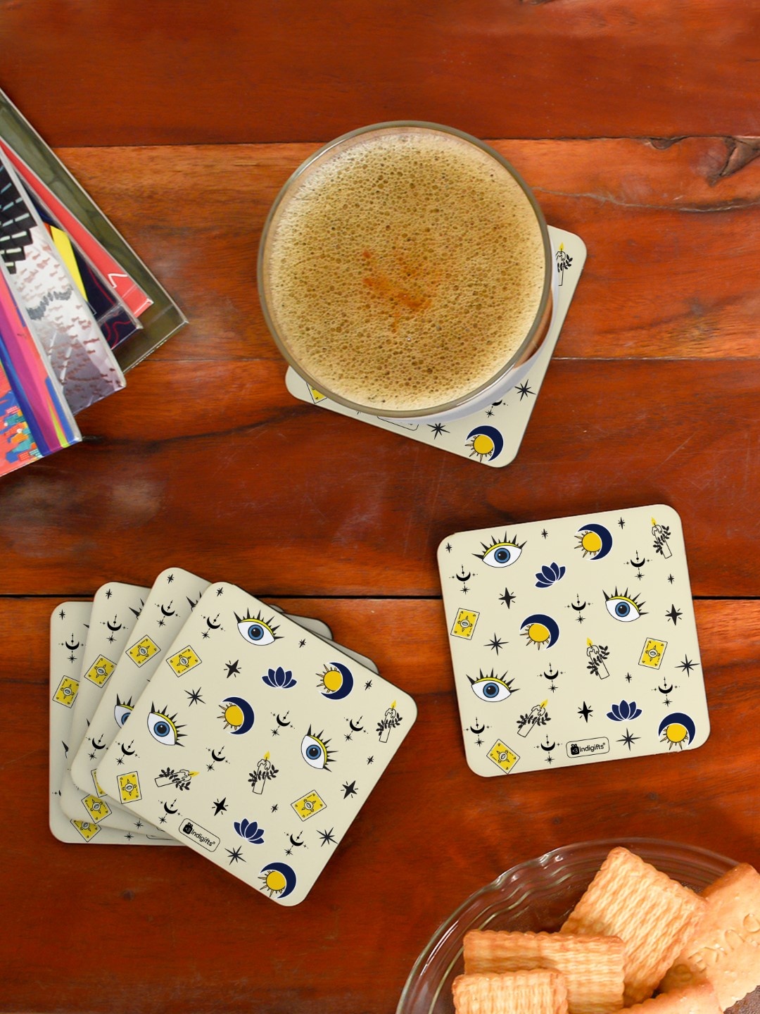 

Indigifts Evil Eye Printed Set of 6 Coasters, White