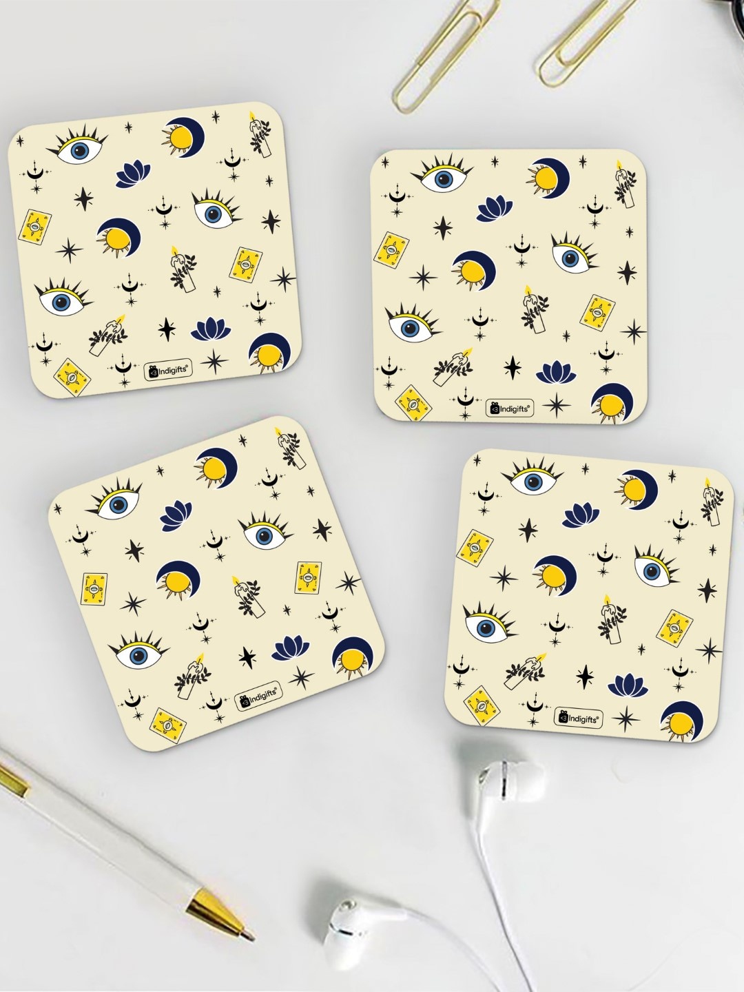 

Indigifts Evil Eye Printed Set of 4 Coasters, White