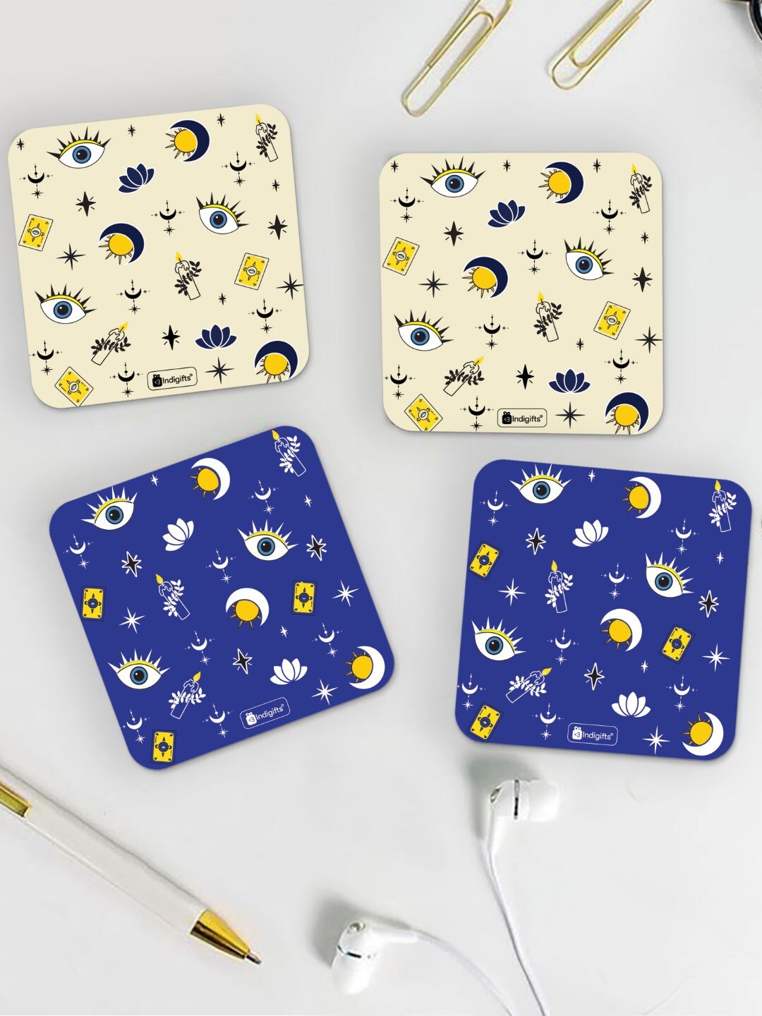 

Indigifts Evil Eye Printed Set of 4 Coasters, Blue
