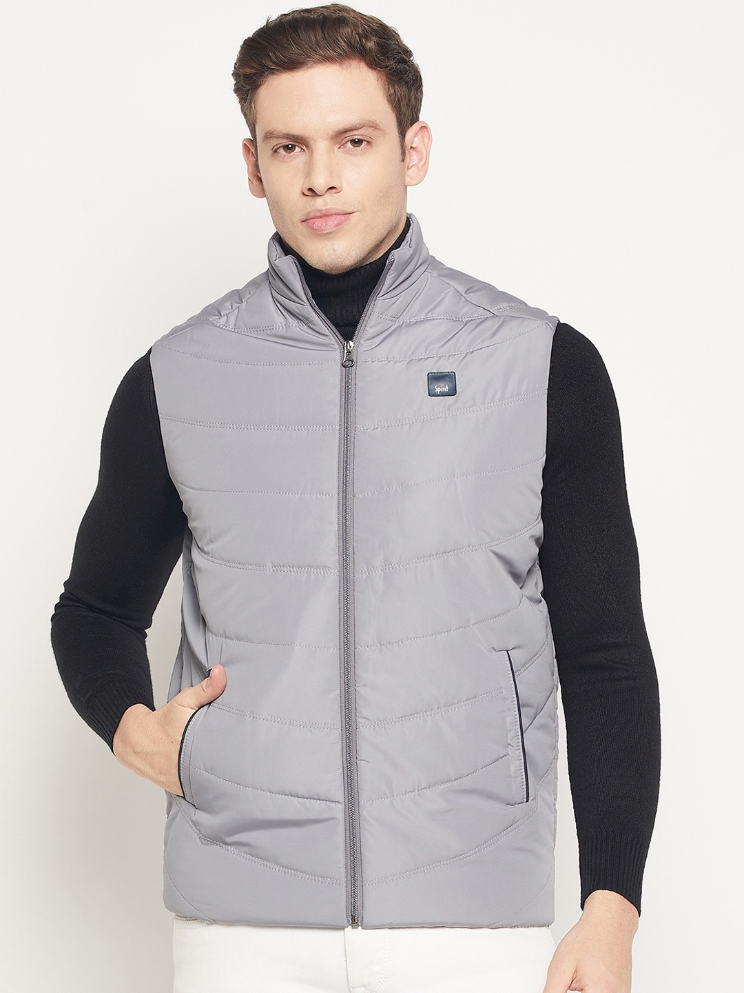 

Spirit Men Light Grey Windcheater and Water Resistant Sleeveless Padded Jacket