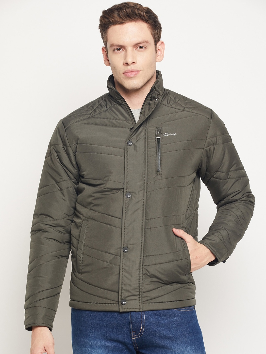 

Spirit Men Olive Green Windcheater and Water Resistant Long Sleeves Padded Jacket