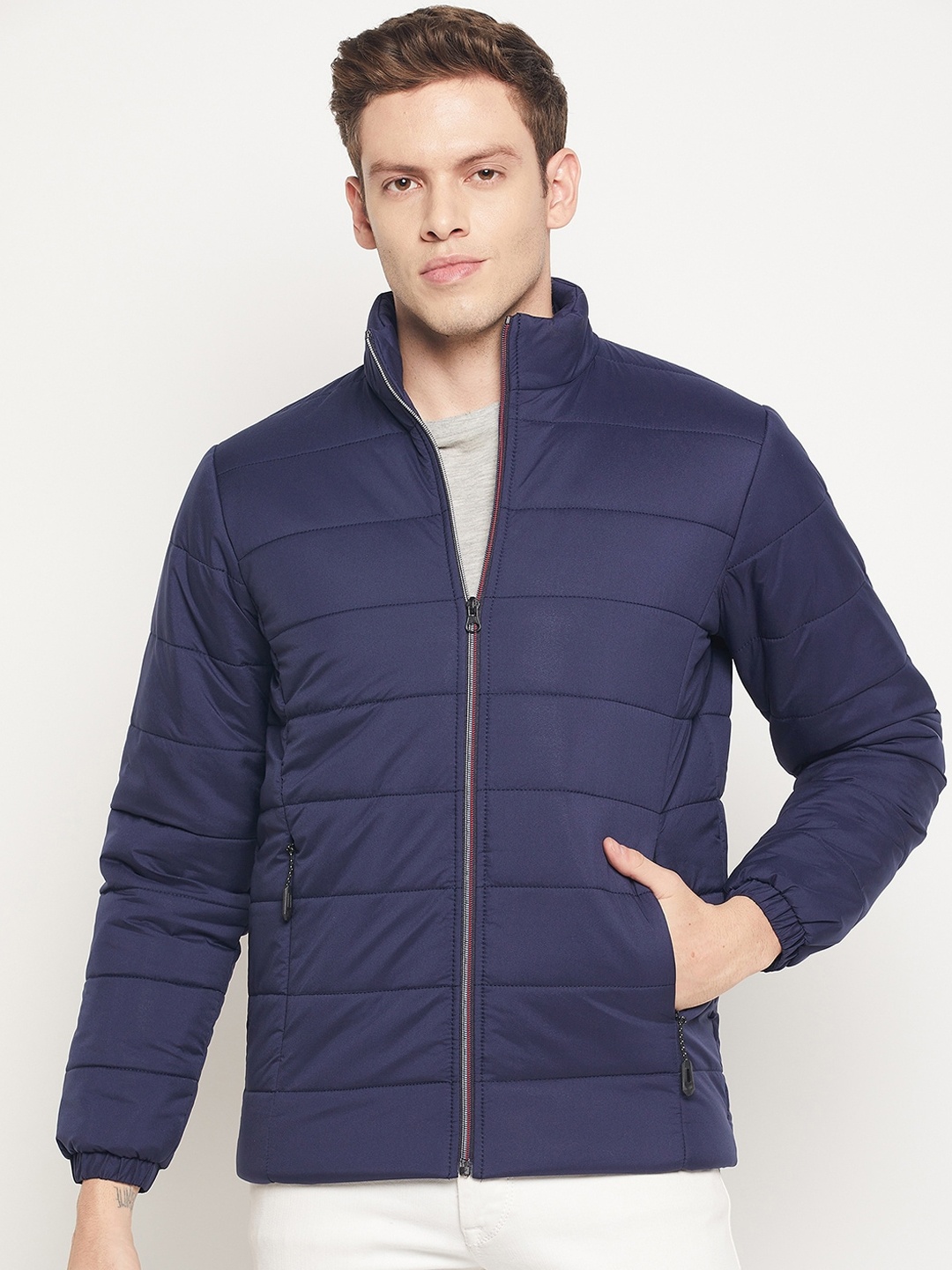 

Spirit Men Navy Blue Windcheater and Water Resistant Long Sleeves Padded Jacket