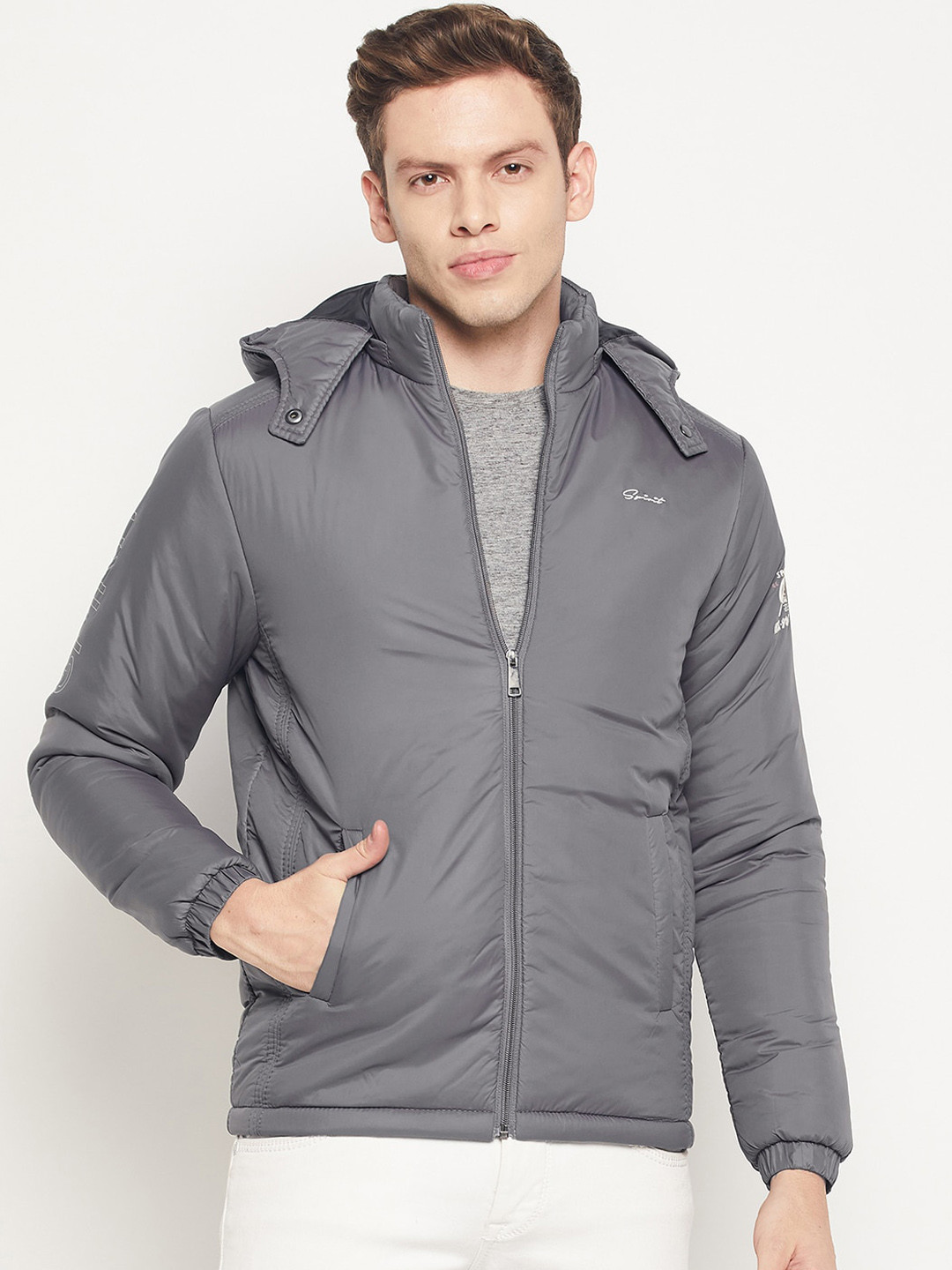 

Spirit Men Grey Striped Windcheater and Water Resistant Padded Jacket