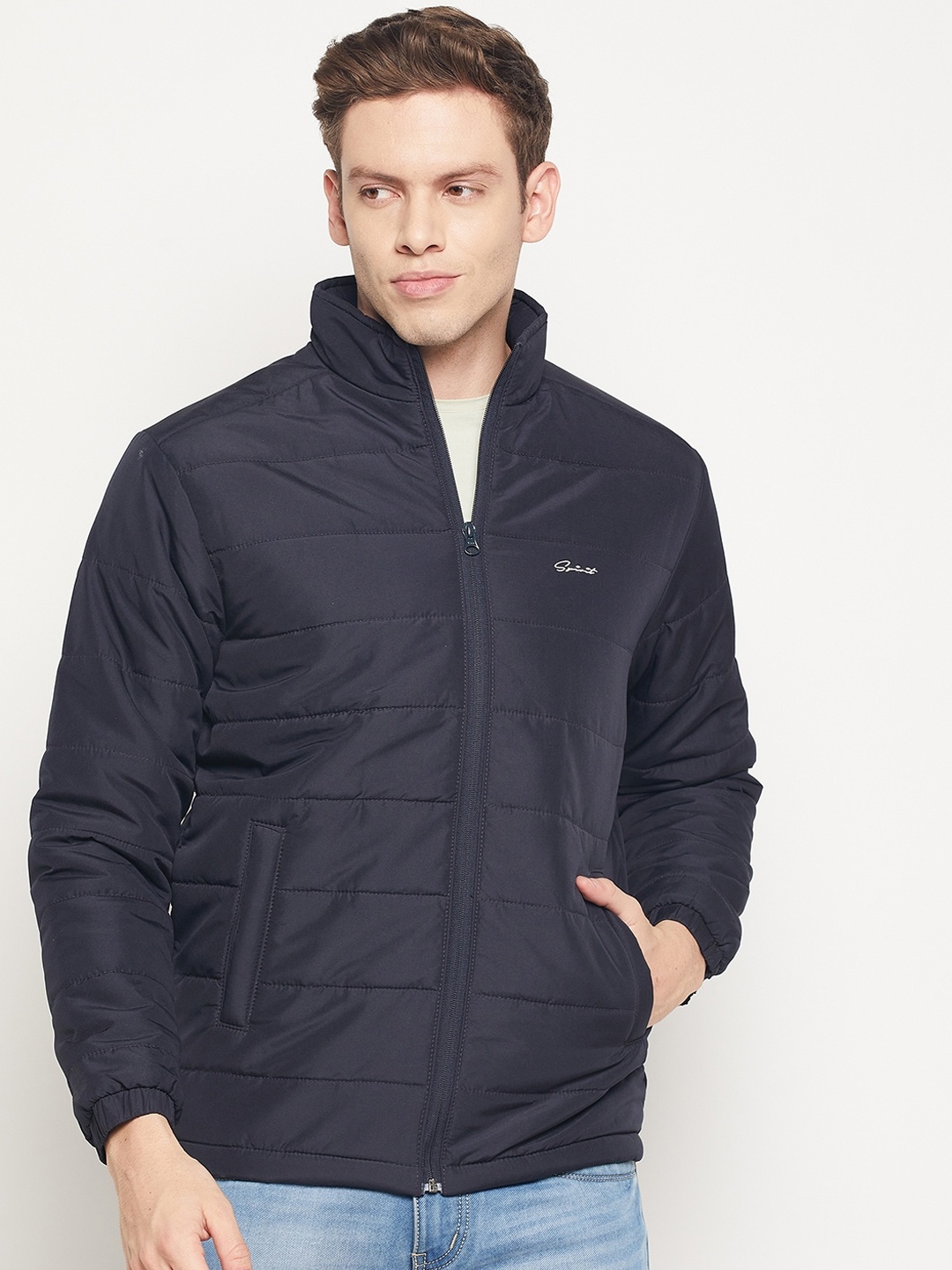 

Spirit Men Navy Blue Windcheater and Water Resistant Padded Jacket