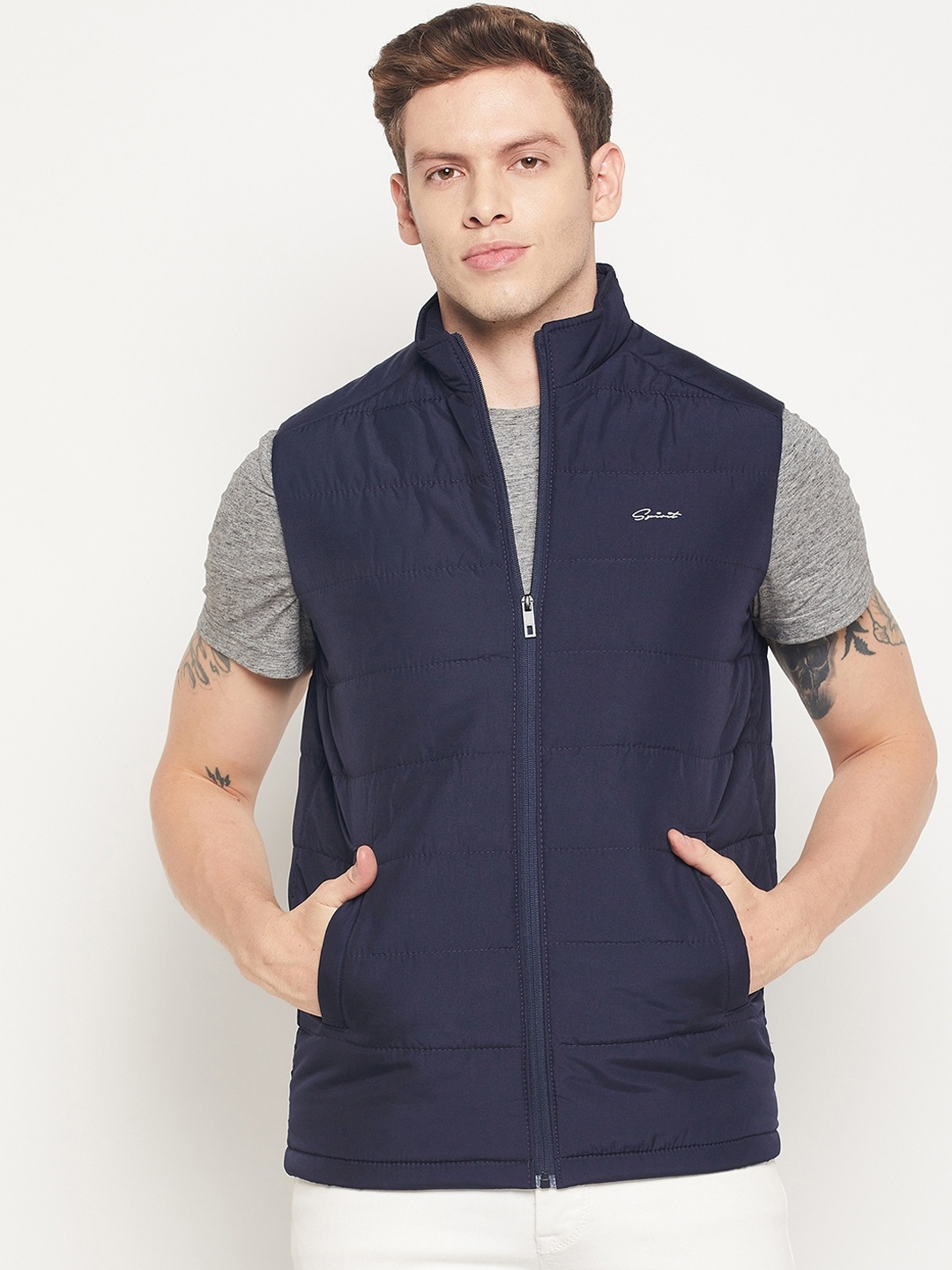 

Spirit Men Navy Blue Windcheater and Water Resistant Padded Jacket