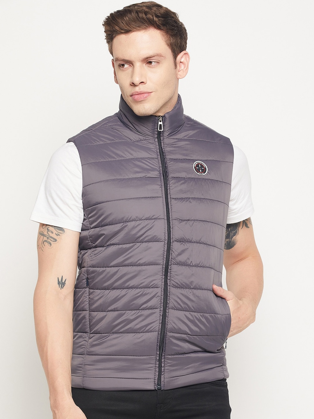 

Spirit Men Grey Windcheater and Water Resistant Puffer Sleeveless Jacket