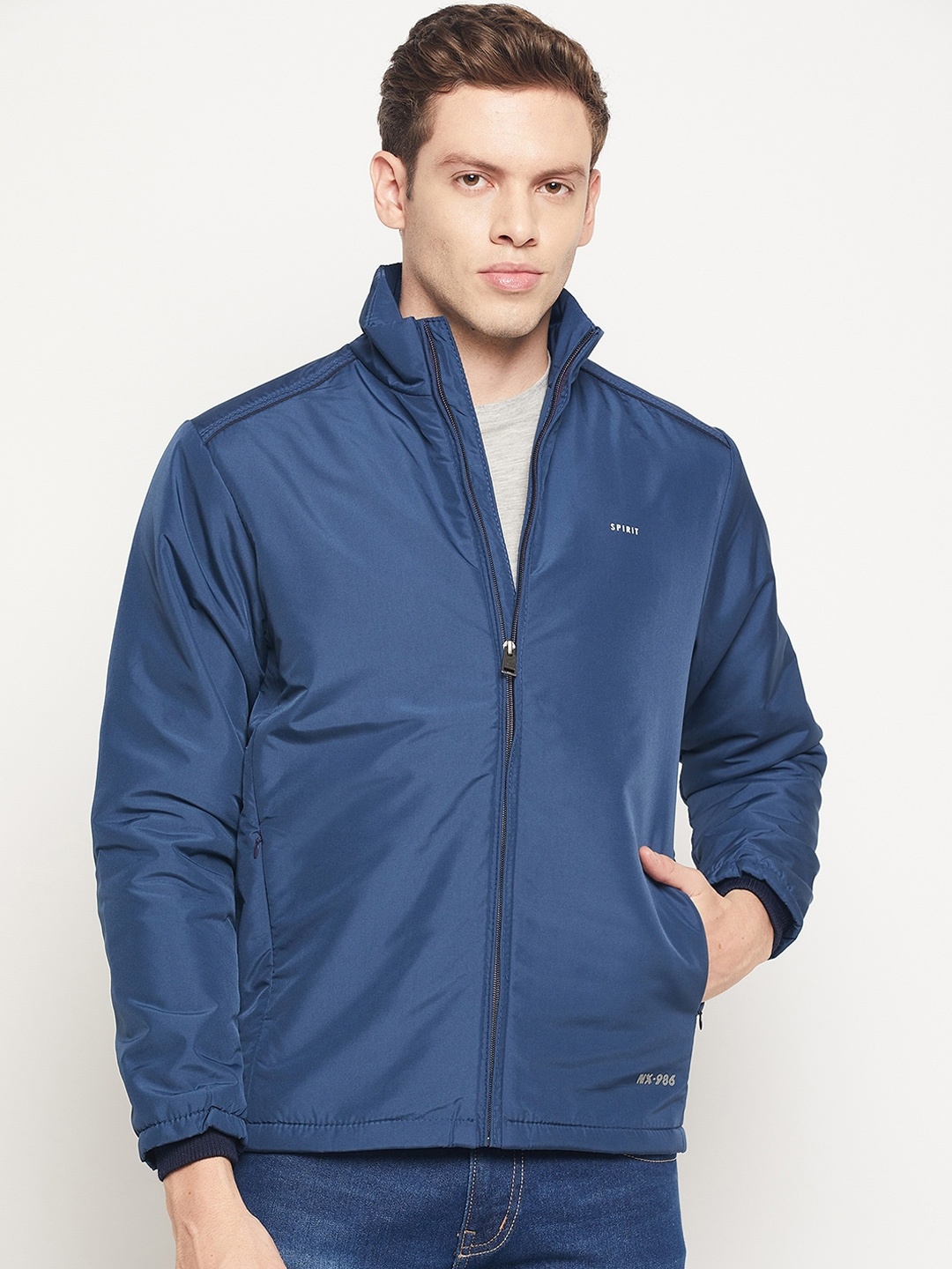 

Spirit Men Navy Blue Windcheater and Water Resistant Puffer Jacket
