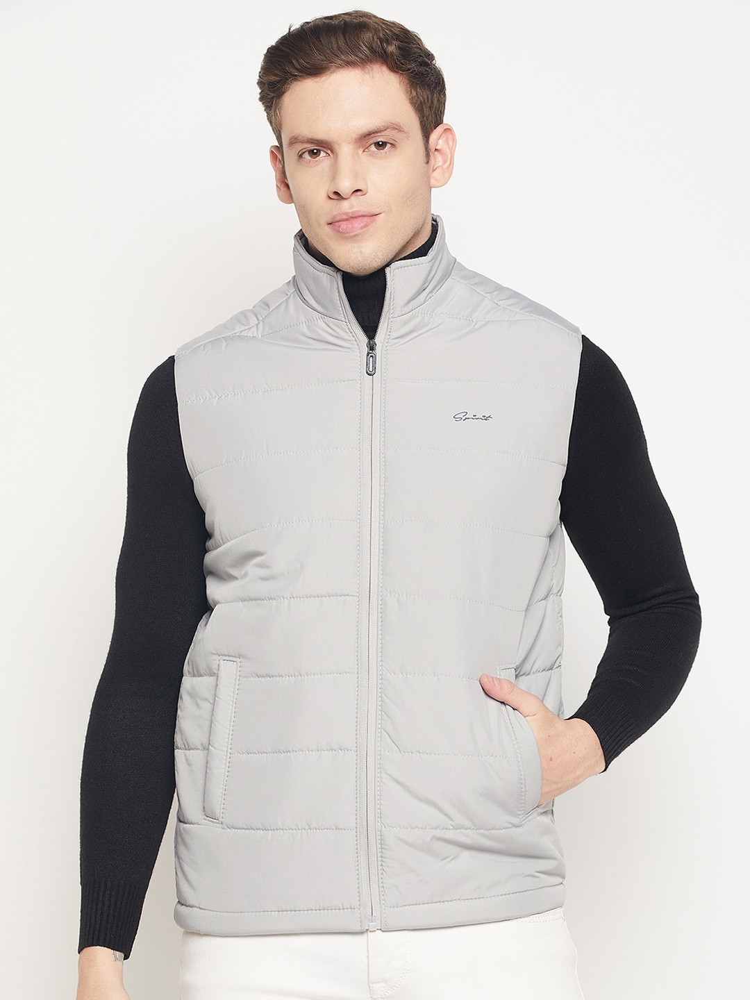 

Spirit Men Grey Windcheater and Water Resistant Puffer Sleeveless Jacket