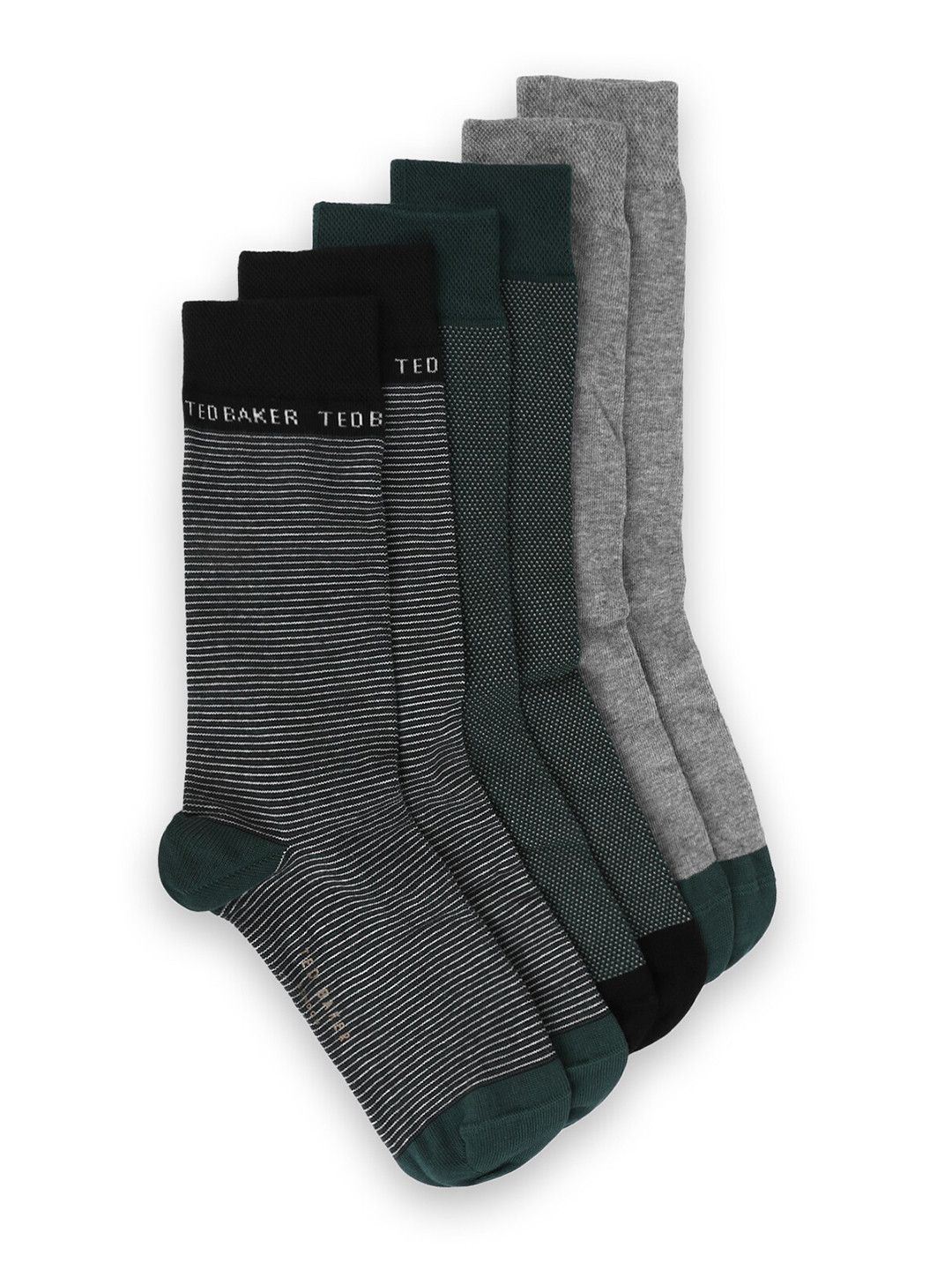 

Ted Baker Men Grey & Green Pack of 3 Cotton Striped Calf Length Socks