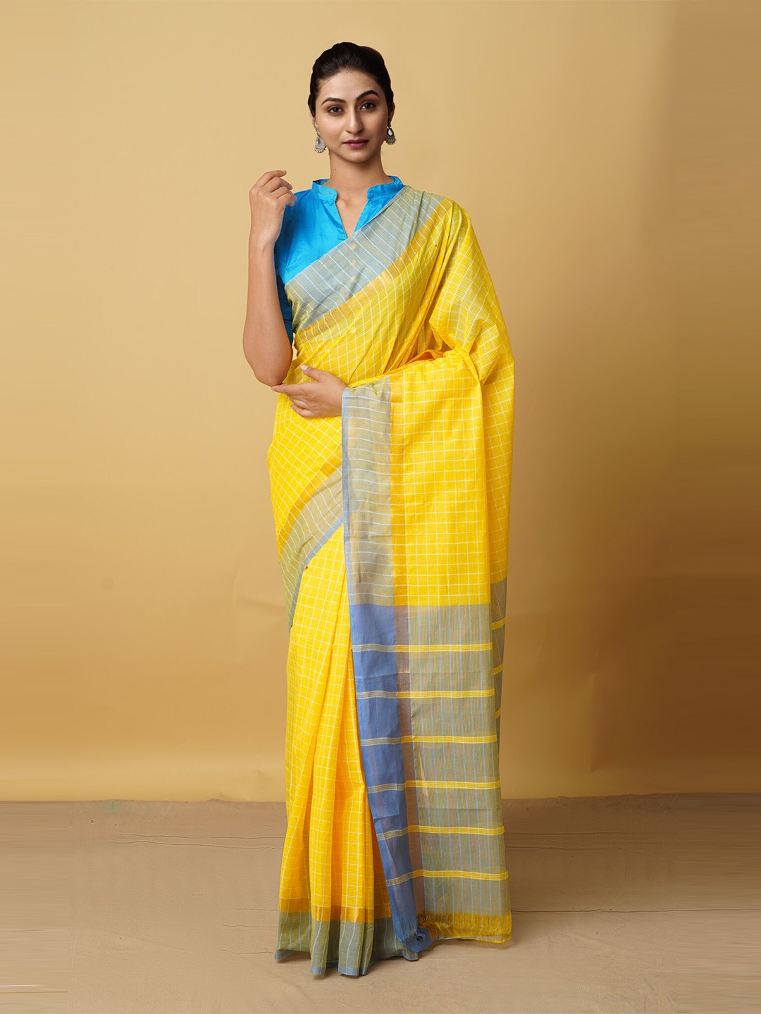 

Unnati Silks Yellow & Blue Woven Design Pure Cotton Mangalagiri Saree