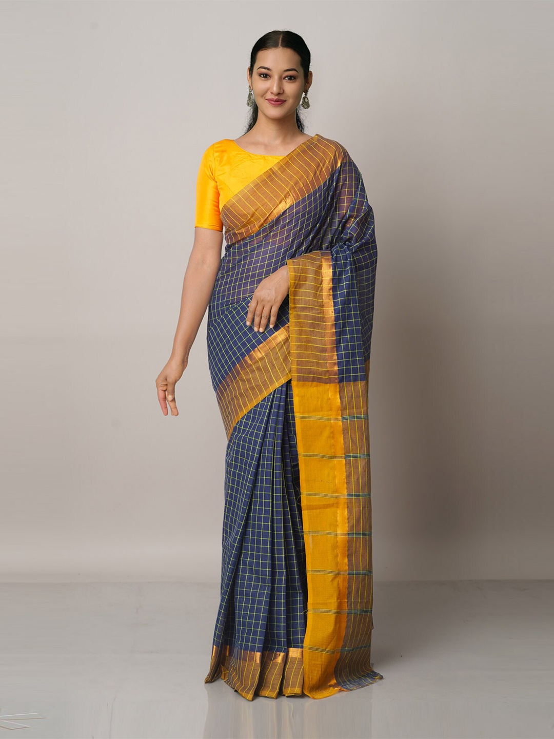 

Unnati Silks Blue & Mustard Checked Pure Cotton Mangalagiri Saree