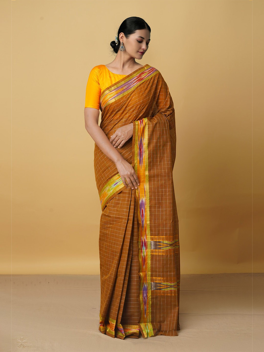 

Unnati Silks Brown & Orange Woven Design Pure Cotton Mangalagiri Saree