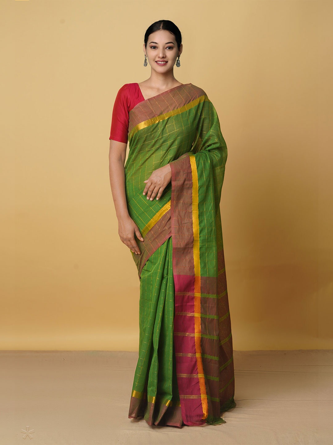 

Unnati Silks Green & Yellow Woven Design Pure Cotton Mangalagiri Saree