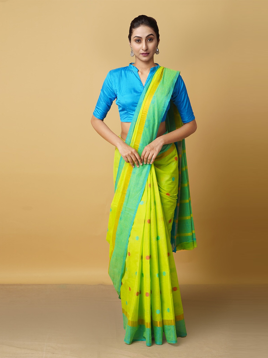 

Unnati Silks Green & Blue Woven Design Pure Cotton Mangalagiri Saree