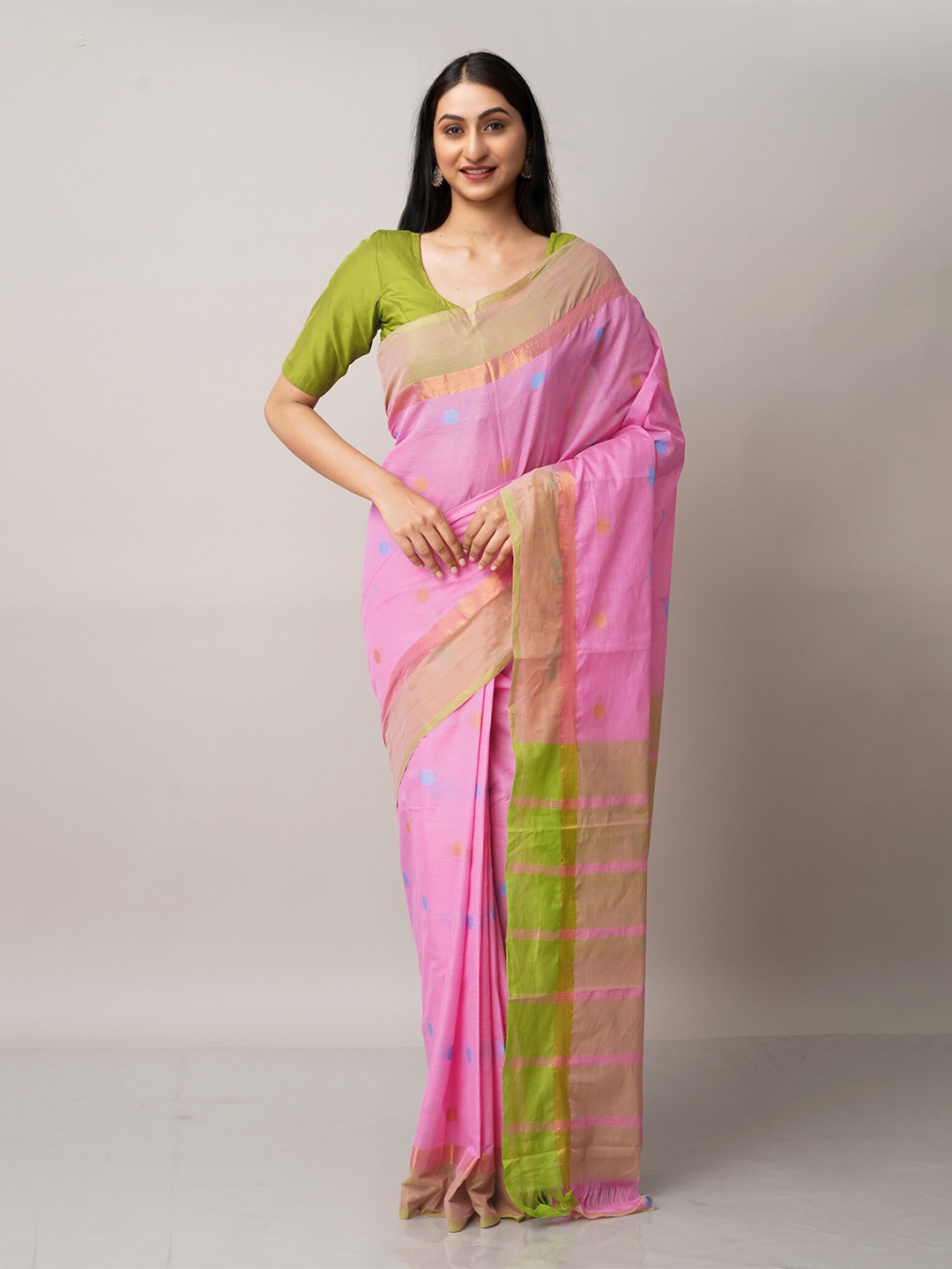

Unnati Silks Pink & Blue Woven Design Pure Cotton Mangalagiri Saree