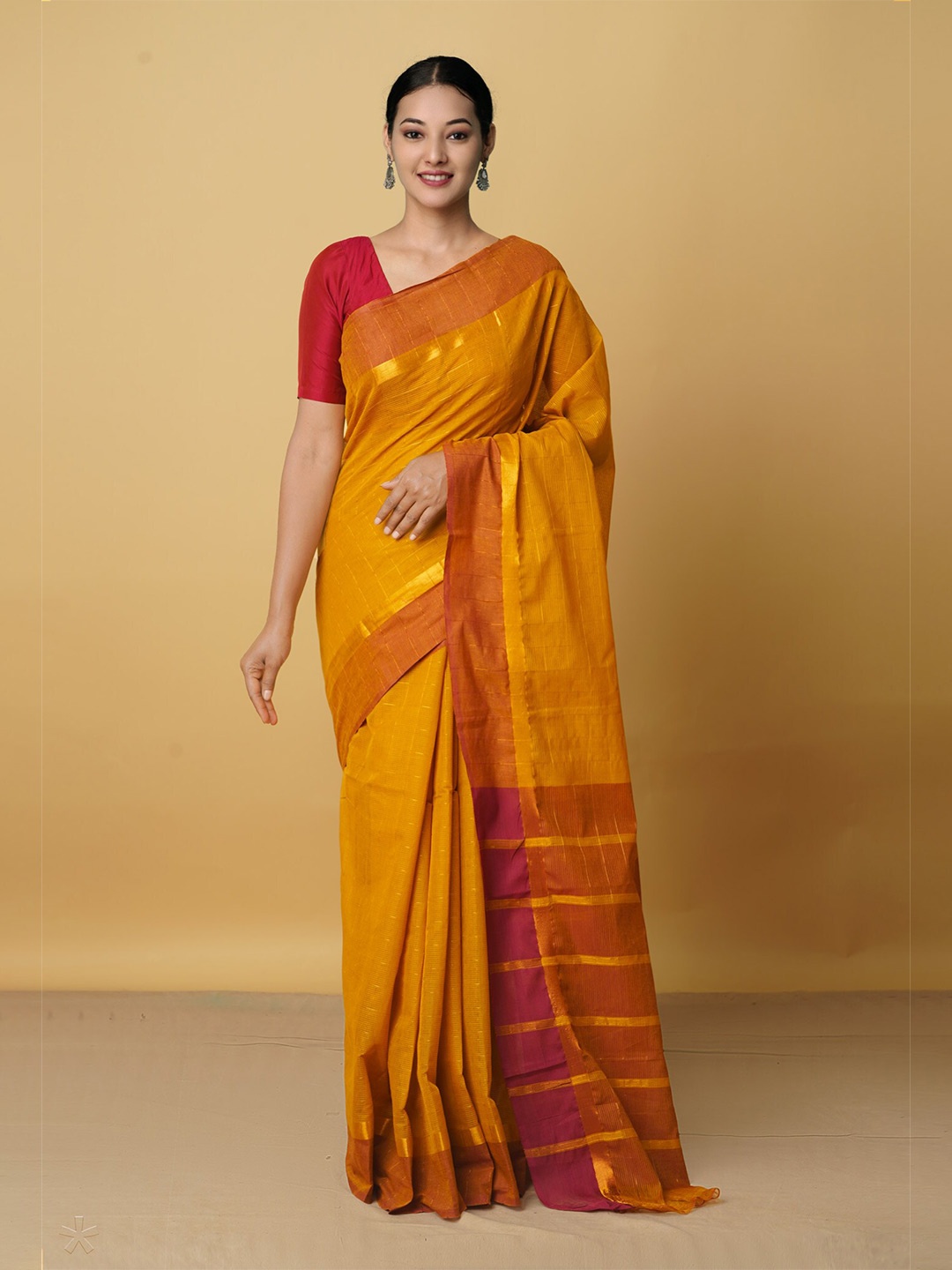 

Unnati Silks Yellow & Rust Woven Design Zari Pure Cotton Mangalagiri Saree