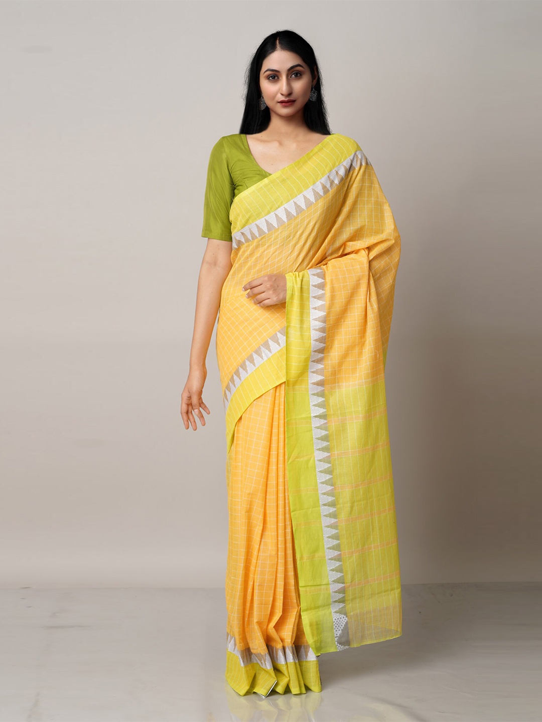 

Unnati Silks Orange & Green Checked Zari Pure Cotton Mangalagiri Saree