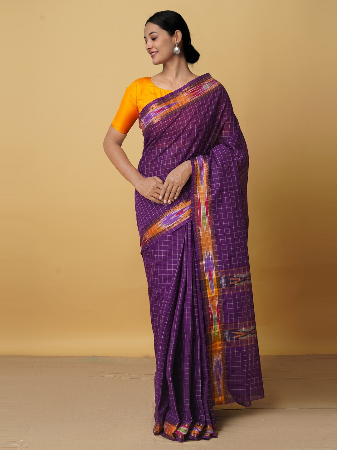 

Unnati Silks Purple & Orange Checked Pure Cotton Mangalagiri Saree
