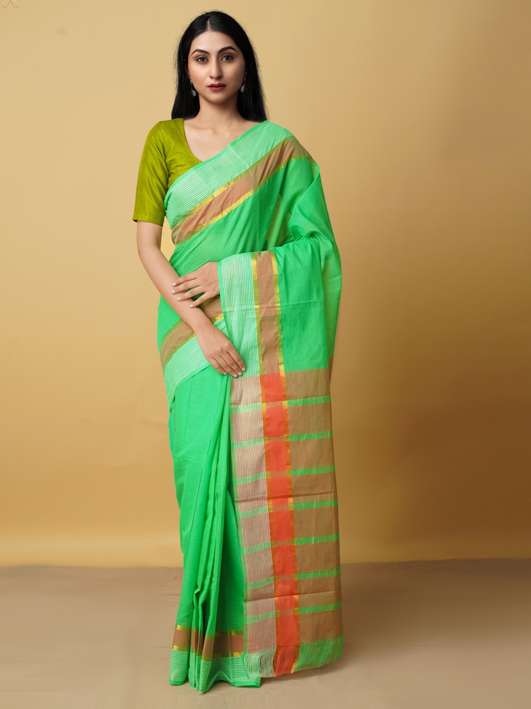 

Unnati Silks Green & Mauve Woven Design Zari Pure Cotton Mangalagiri Saree