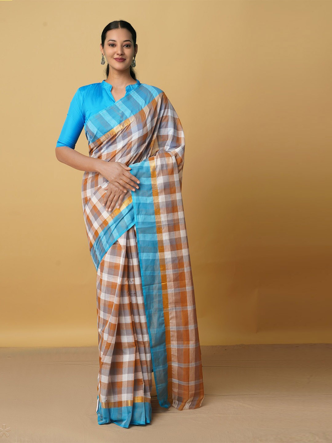 

Unnati Silks Multicoloured Checked Zari Pure Cotton Mangalagiri Saree, Multi