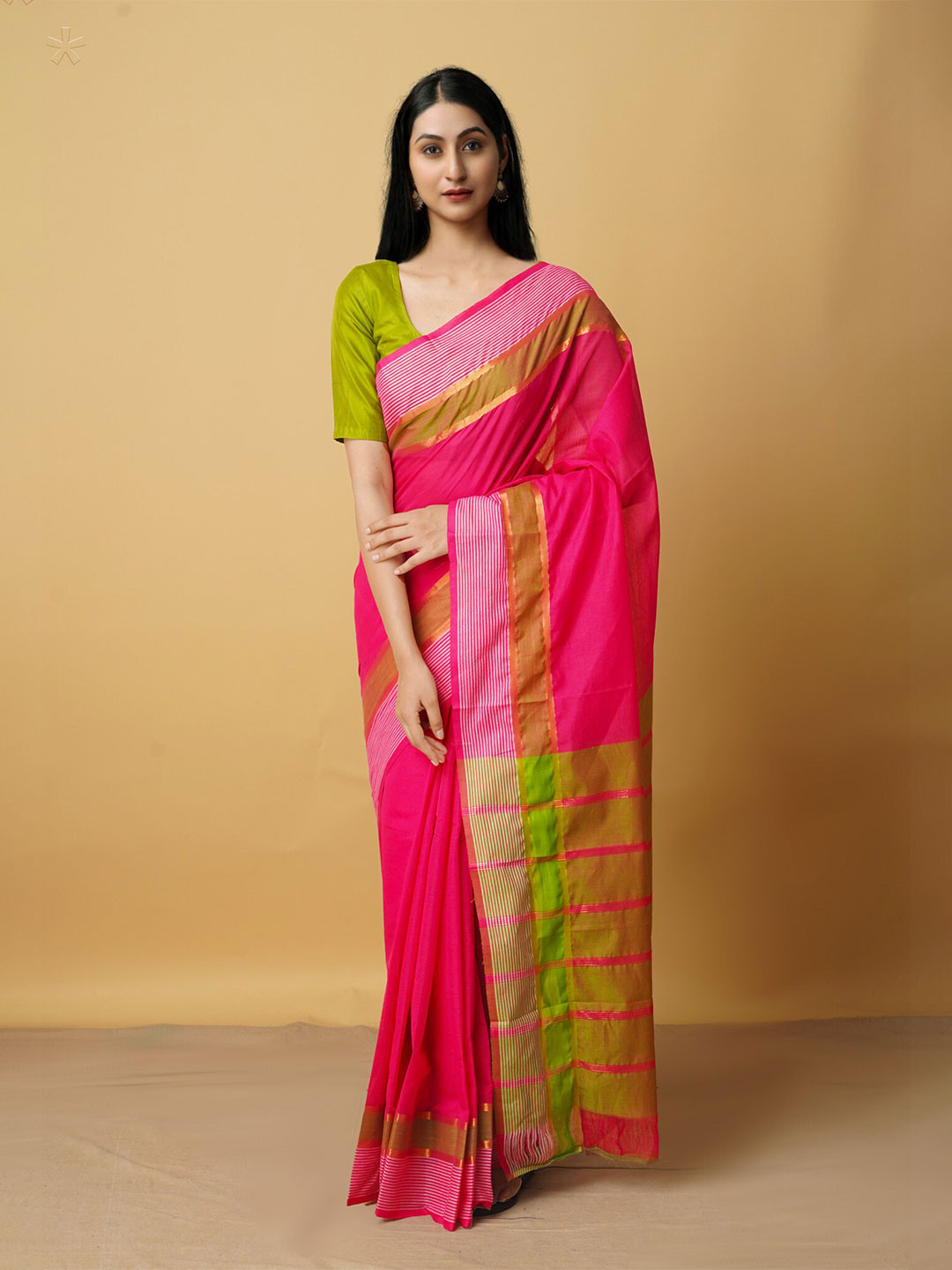 

Unnati Silks Pink & Green Woven Design Zari Pure Cotton Mangalagiri Saree
